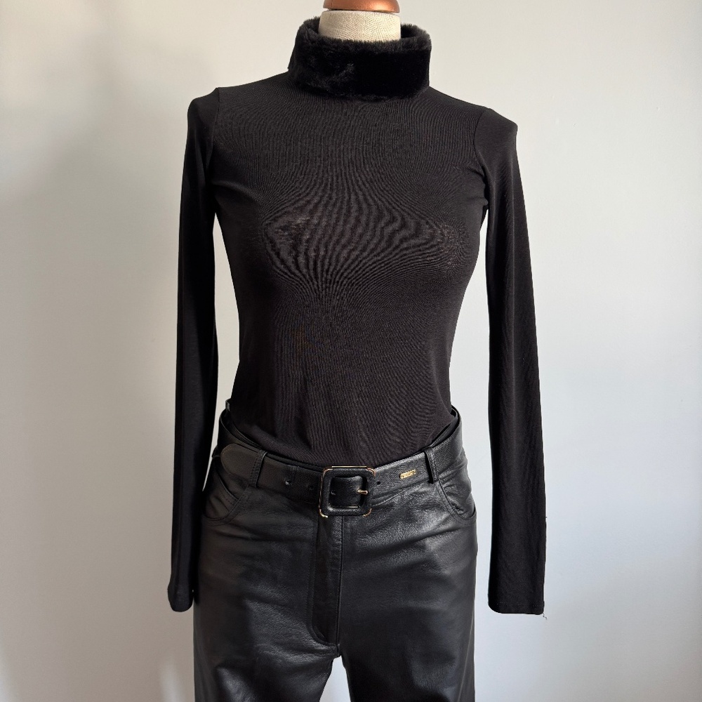 Zara - Black Sheer Long Sleeve Sweater with Faux Fur Collar